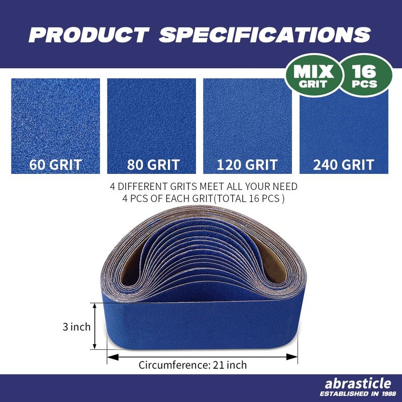 abrasticle 3"" x 21"" Zirconia Sanding Belts for Metal, 3 x 21 Inch Zirconia Metal Grinding Sand Paper, 16 PCS 4 Each of 60/80/120/240 Assorted Grits - Image 2
